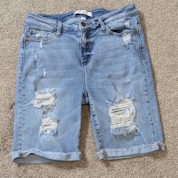 Judy Blue Pants - JUDY BLUE Distressed Blue Strech Denim Cuffed Bermuda Jean Shorts; Size L